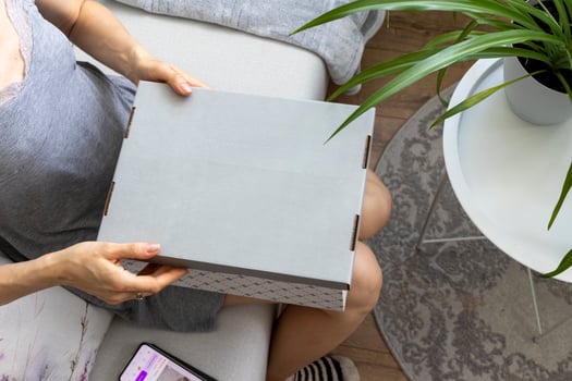 Woman sitting in the couch in cozy room, assembling carton box. Objects photo