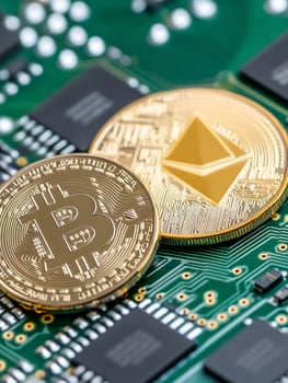 Digital currency coins on printed circuit board close up macro view photo