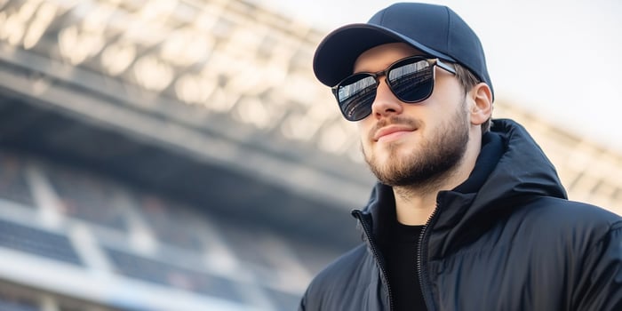 Portrait of stylish man wearing sunglasses and a cap posing outdoors photo