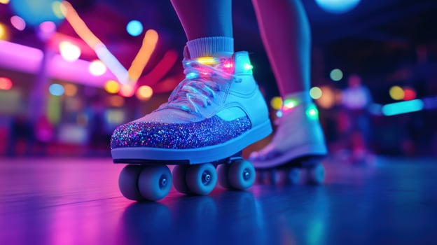 A person wearing roller skates on a dark floor photo