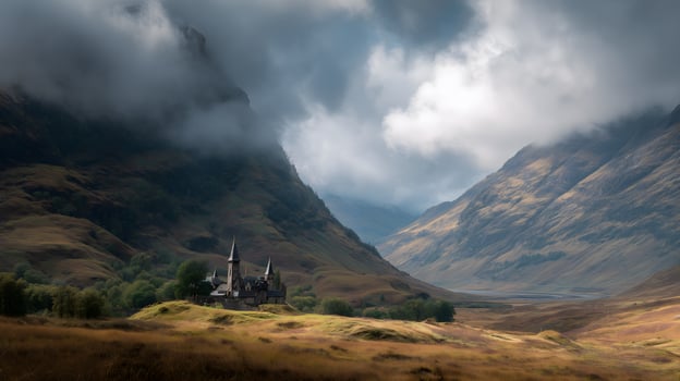Majestic castle nestled in a misty Scottish glen at dusk Scotland valley photo