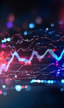 Abstract data visualization of financial market trend graph with lines and blurred lights photo