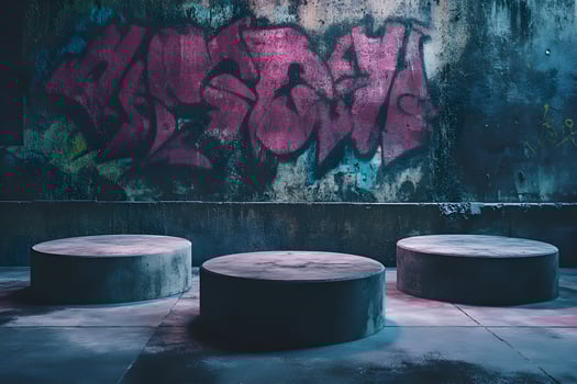 Three concrete cylinders in front of graffiti wall photo