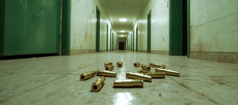 Used bullet casings on floor in long hallway photo