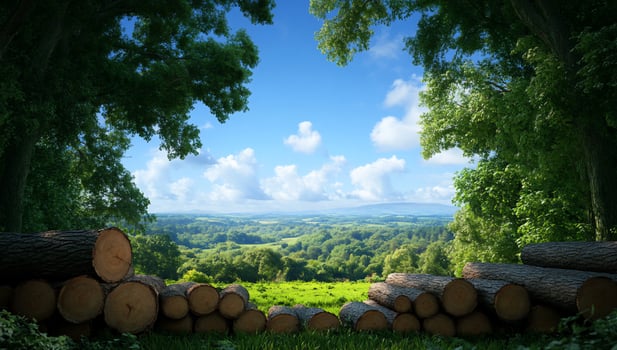 Felled timber logs pile in forest clearing under blue sky photo