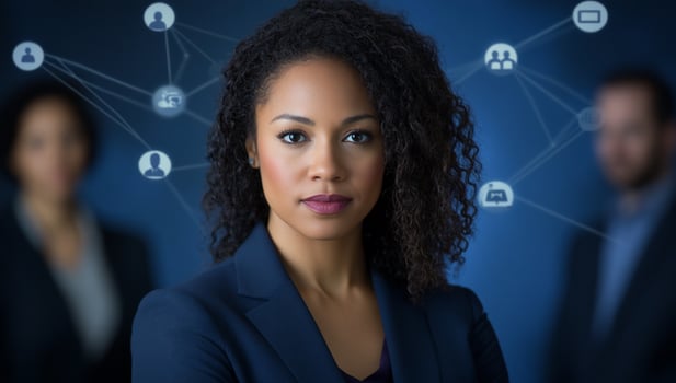 Business woman with network graphic representation of technology and global business connection photo