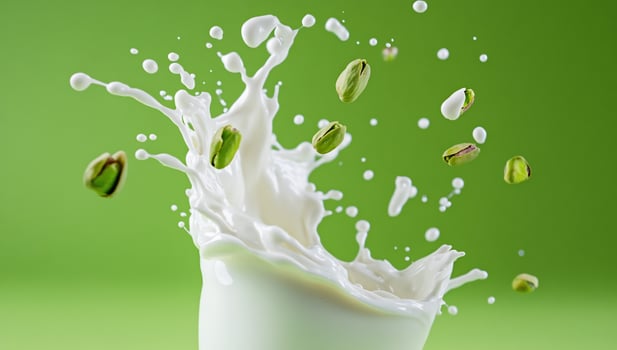 Pistachios falling into milk splashing in studio setting on green backdrop healthy food advertisement photo