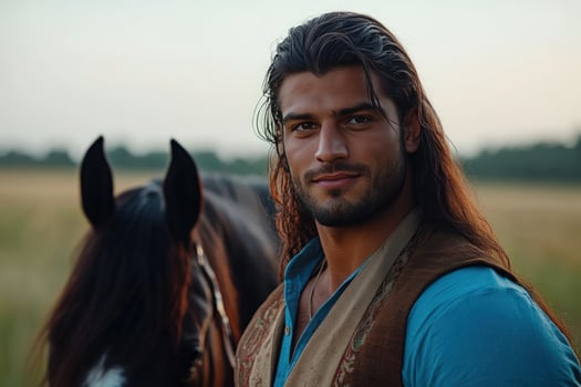 Handsome Man with Long Hair and Horse in a Field photo