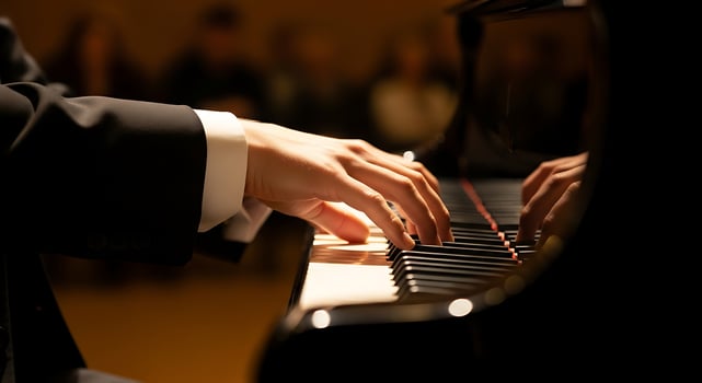 Close up of hands playing a grand piano in a dark room with people in the background blurred out photo