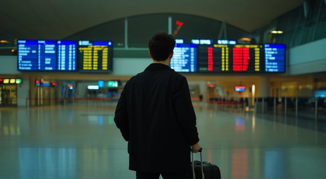 Traveler with luggage at airport checking flight schedule photo