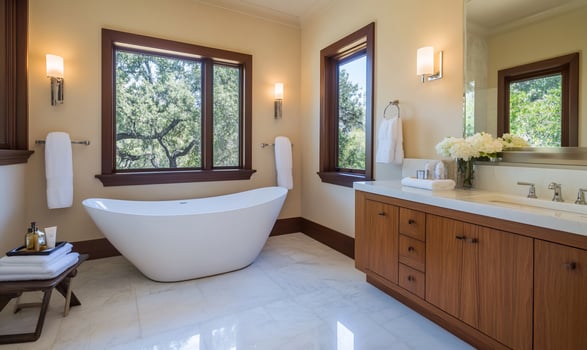 Elegant bathroom interior with freestanding bathtub natural light and modern design elements photo