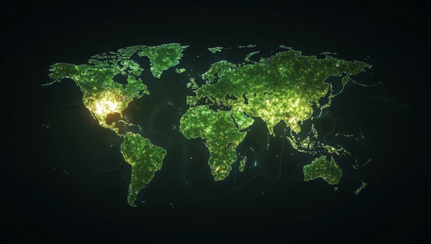 Green glowing world map highlighting global connectivity and technological networks photo