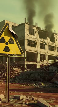 Radiation warning sign in front of a crumbling building with smoke billowing from the top floors photo