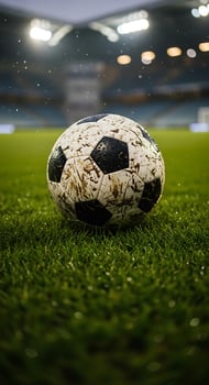 A soccer ball sits on the grass of a soccer field on a rainy day with stadium lights in background photo