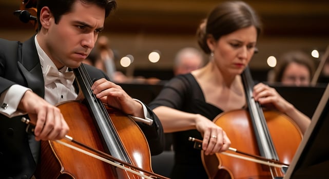 Two cellists performing in an orchestra with focused expressions and formal attire on a concert stage photo