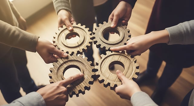 Group of people holding wooden gears symbolizing teamwork and collaboration in a business setting photo