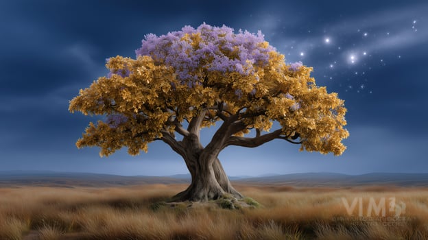 Mystical tree with golden and purple foliage under a starry sky fantasy magical photo