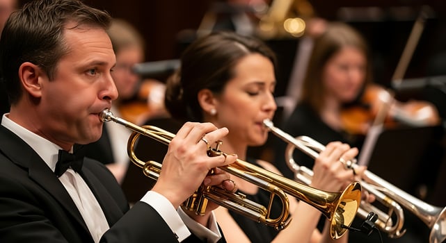 Orchestra members playing trumpets and violins during a performance in formal attire on stage photo