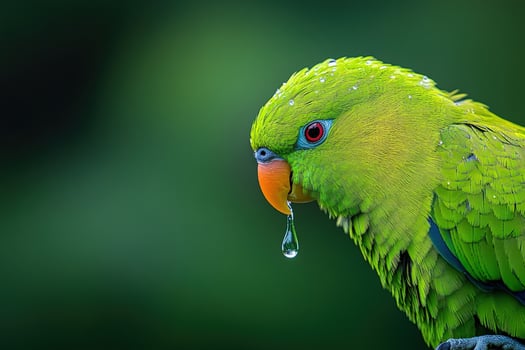 Vibrant Green Parrot with Water Droplet photo