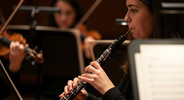 A woman playing the oboe in an orchestra with other musicians in the background during a performance photo