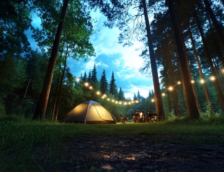 Camping under forest canopy with string lights for outdoor adventure and relaxation photo