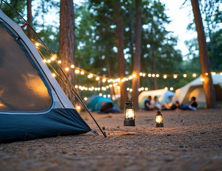 Camping tents and lanterns under string lights in forest setting photo