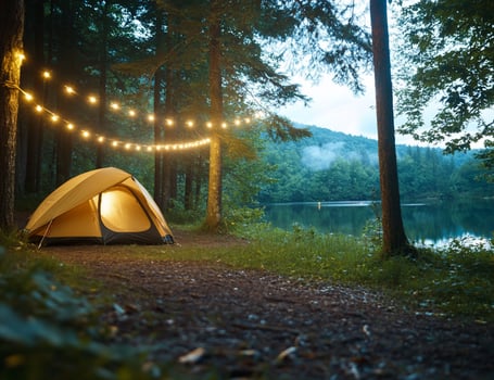 Camping tent near lake with string lights at dusk in forest adventure and peaceful nature getaway photo