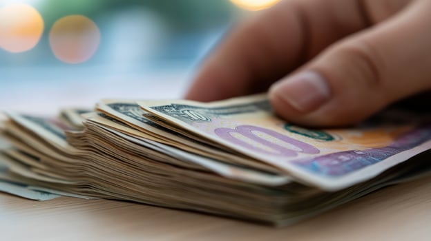 Close-up of a Hand Counting a Stack of Cash photo