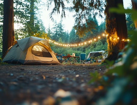 Camping tent in forest with string lights for outdoor adventure and relaxation photo