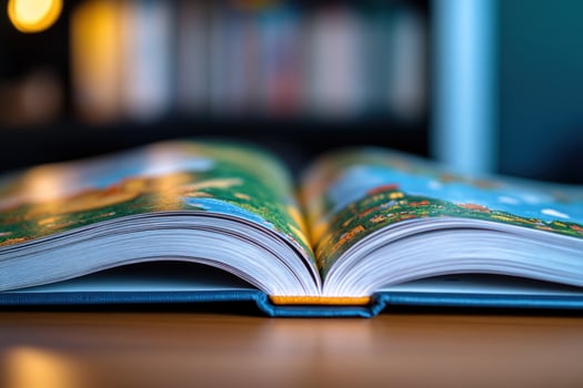 Open Book on Wooden Table, Close-up View, Illustrated Pages photo