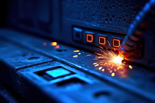 Welding sparks illuminate a dark metallic surface, a futuristic industrial scene with glowing orange and blue hues. photo