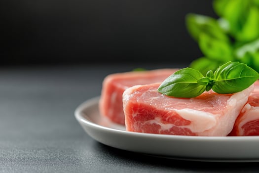 Fresh raw pork loin cutlets with basil on white plate ready for cooking healthy cuisine photo