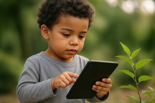 Curious Toddler Engaging with Digital Tablet Outdoors in Nature Setting photo