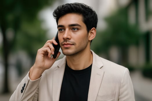 Young Urban Entrepreneur Talking on Smartphone Outdoors in City Setting photo