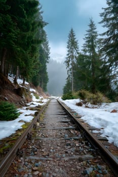 Railway tracks winding through a snowy mountain forest train tracks railroad photo