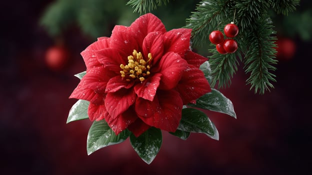 Red Poinsettia Flower With Snowflakes And Christmas Tree Branch holiday photo