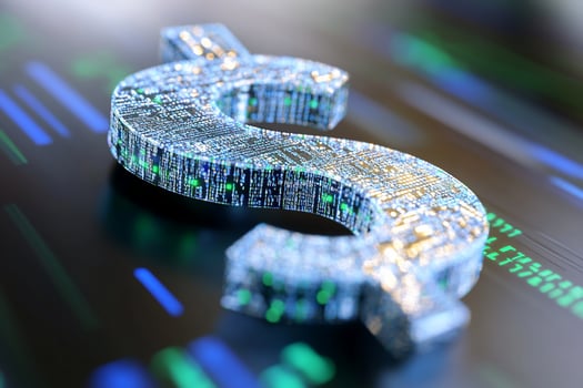 Digital currency symbol with circuit board pattern for modern finance technology photo