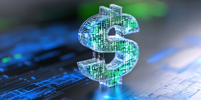 Digital dollar symbol on electronic circuitry for finance and technology concepts photo