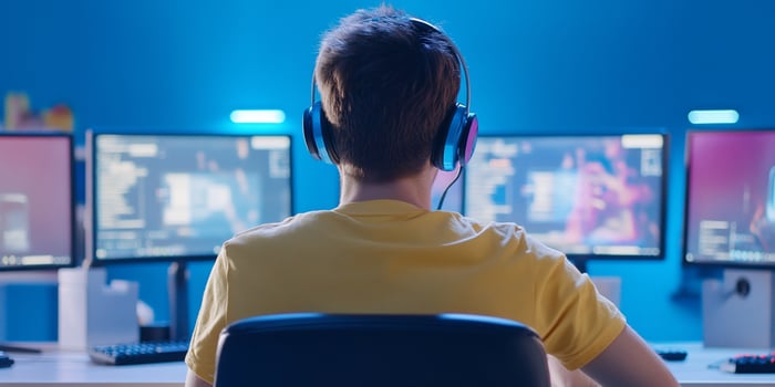 Person using multiple computer screens with headphones for gaming or work photo