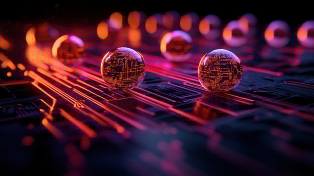 Abstract digital spheres on glowing circuit board, futuristic technology concept photo