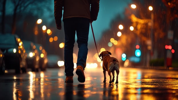 A man walking his dog on a wet street at night photo