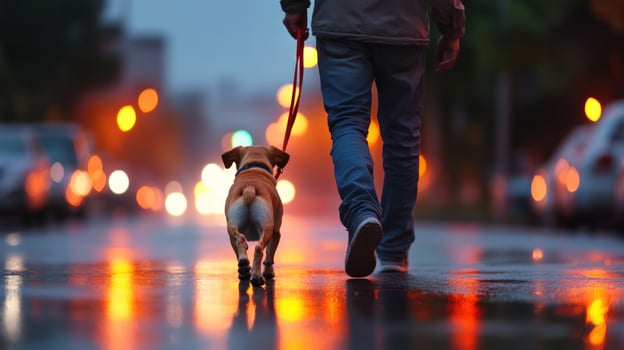 Evening Stroll with a furry friend under the city lights, reflecting on the wet asphalt. photo