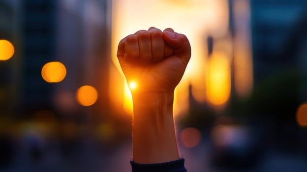 Woman's hand raised up in the air with the sun setting behind it photo