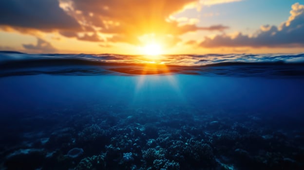 The sun is rising over the ocean and the water is blue photo
