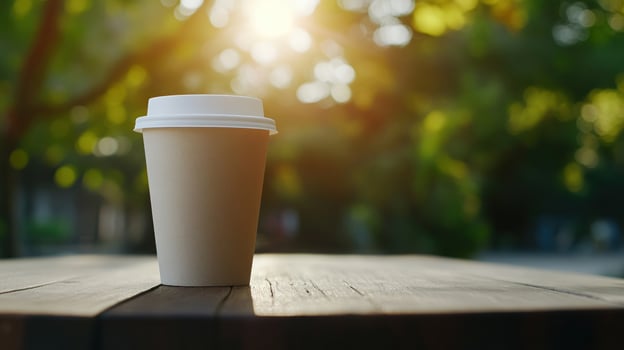 A Coffee Break in Nature's Embrace Coffee Cup on a Wooden Table Outdoors photo