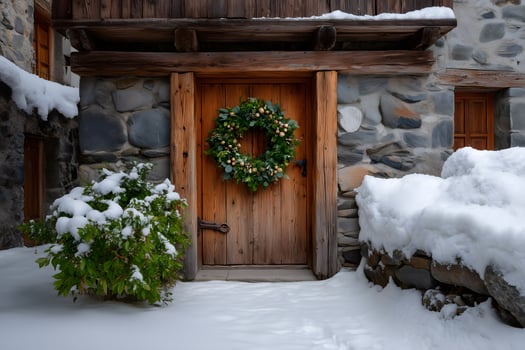 Snowy Entrance with Greenery Wreath on Wooden Door and Stone Wall winter photo