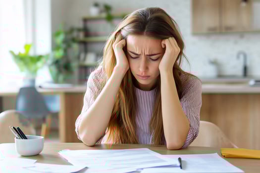 Stressed woman with financial document headache at home photo