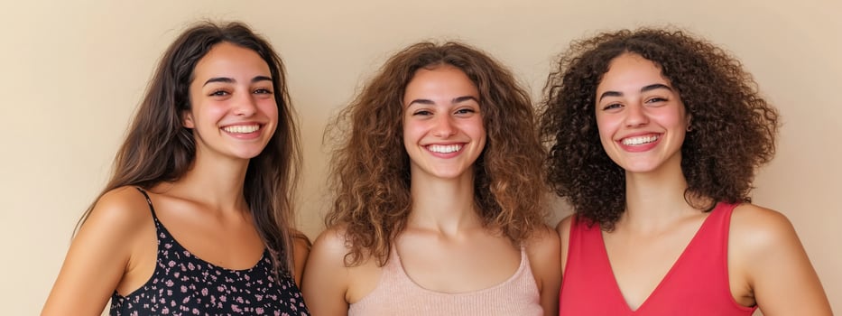 Three happy smiling women portraits diverse young adults friendship beauty casual fashion photo