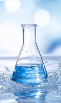 Laboratory flask with blue liquid and water splash science chemistry experiment photo