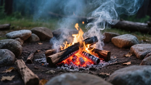 Campfire Glowing Among Stones in the Forest Creating a Warm Atmosphere at Dusk photo